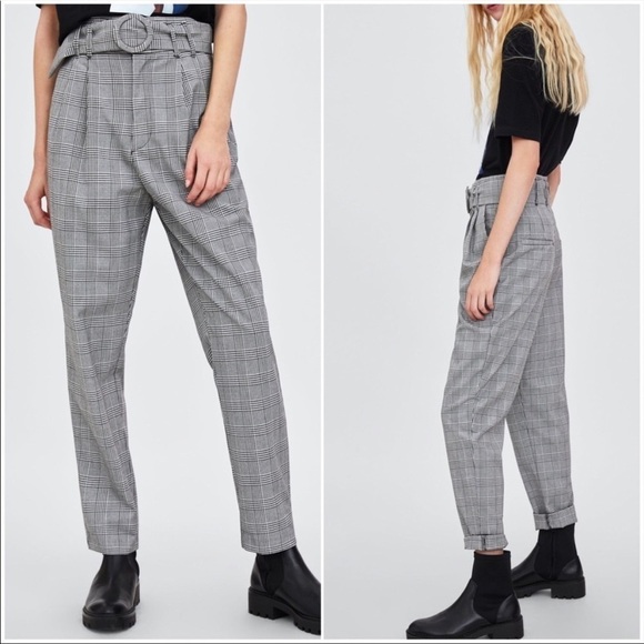 Zara Plaid Pleated High Waist Paperbag Pants Trouser Size XS - Picture 1 of 11